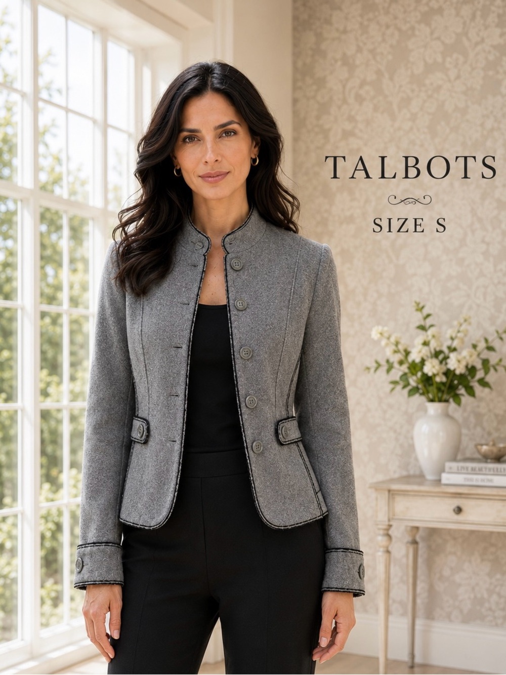 Talbots 100% Merino Wool Gray Contrast Trim Blazer Jacket S